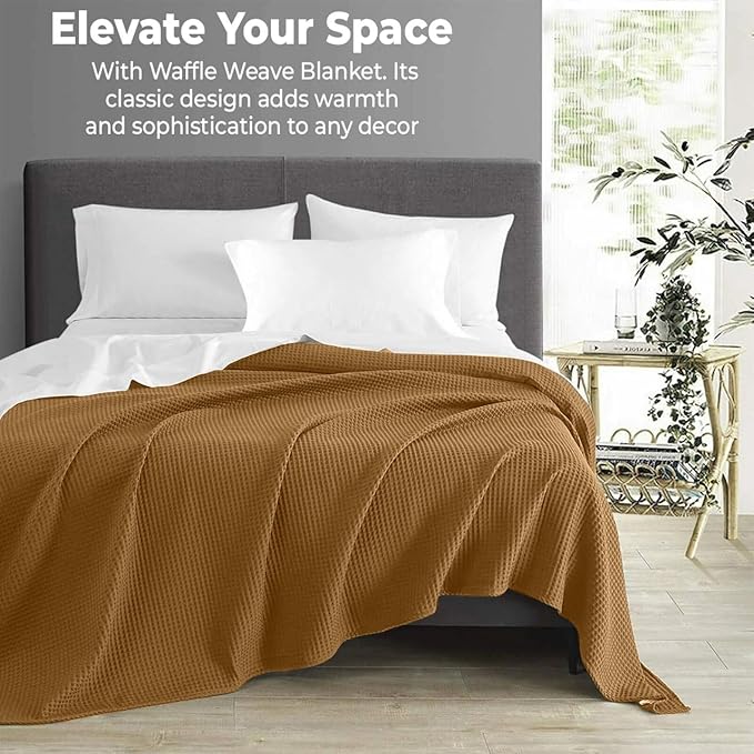 100% Cotton Blankets Queen Size for Bed - Waffle Weave Blankets for Summer, Lightweight and Breathable Soft Woven Blanket for Spring, White, 90x90 Inches (Orange, Queen (90" x 90"))