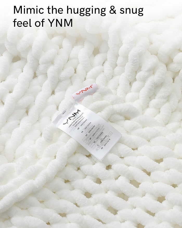 YnM Chunky Throw Blanket, Medium-Weight, Hand Knitted with Chenielle Yarn, Skin Friendly, Ventilated and Breathable, Machine Washable, Home Décor Piece for Couch, Sofa and Bed (White, 60x80 Inch)