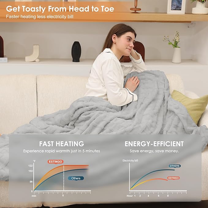 ESTINGO Faux Fur Electric Throw Blanket, Luxury Furry Throw Heated Blanket, 3D Geometric Pattern Thick Rabbit Fux Fluffy Heating Blanket with 5 Heating Levels & 4 Hours Auto Off, 50" x 60" Light Gray
