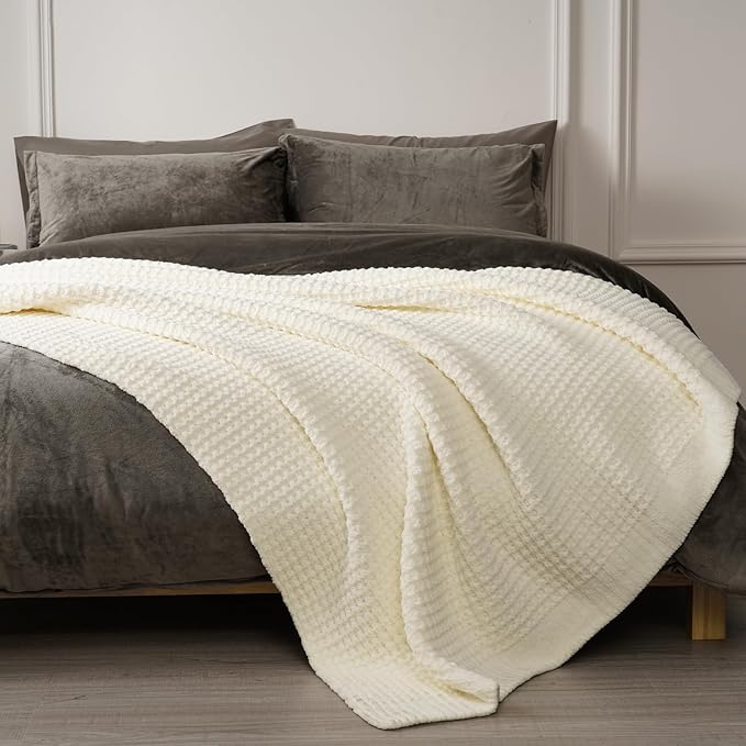 PHF Chenille Waffle Knit Throw Blanket- Plush Warm & Cozy 50" x 60" Ultra Soft Blanket- Chunky Fluffy Waffle Throws for Couch Bed Sofa - Cream