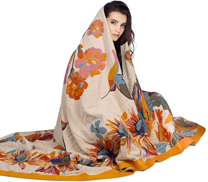 MACEVIA 100% Cotton Boho Throw Blanket, Soft Lightweight Butterfly Floral Design, 80"x90" Large Bedspread for Queen Bed, Couch Sofa, Cottagecore Decor(Butterfly Floral)