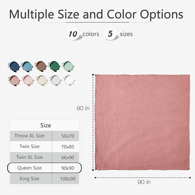 Carriediosa 100% Cotton Muslin Throw Blanket 90" X 90" Queen Size,4-Layers Summer Gauze Throws for Bed Couch,Soft Lightweight Breathable Linen Blankets Bedspread for Adults All Season,Mauve