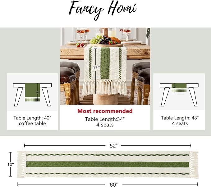 Fancy Homi Moss Green Table Runner 60 Inches Long Boho Macrame Table Runner for Home Decor, Farmhouse Table Runners with Tassels for Party Bohemian Rustic Bridal Shower Dining Decor 12x60 Inches