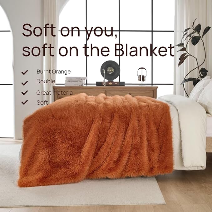 Luxury Fluffy Faux Fur Throw Blanket,Thick Fluffy Fuzzy Cozy Blanket,Plush Blankets for Couch, Sofa, Chair, Bed-Burnt Orange,50x60