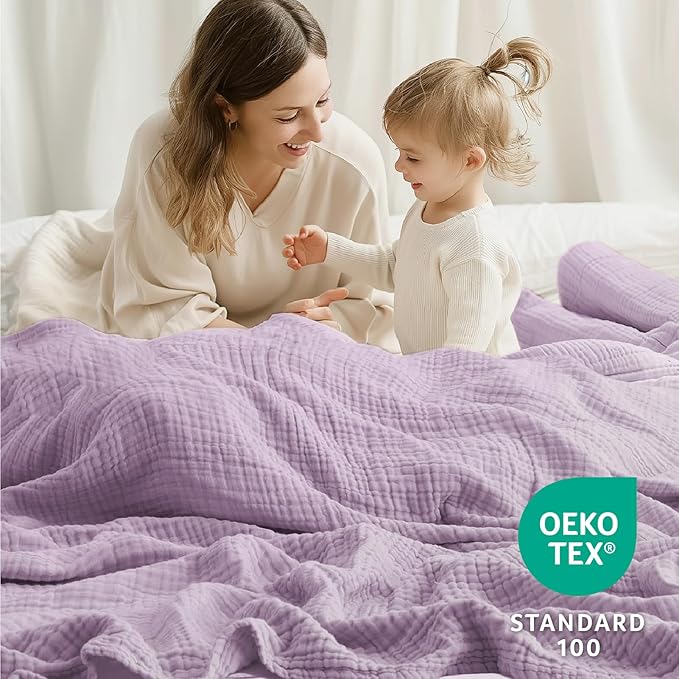 100% Cotton Muslin Blanket King 108" x 90", 6 Layers Breathable and Lightweight Cotton Throw Blanket for Bed, Soft Quilt Bedspread Coverlet, Gauze Blanket for Adults All Season, Lavender