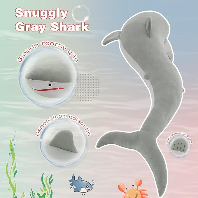 48" Giant Shark Stuffed Animal, Large Squishy Shark Plush Pillow, Long Life Size Ocean Plushies Toy Gifts for Kids Girls Boys