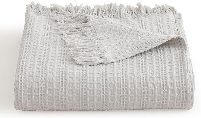 100% Cotton Waffle Blanket with Fringe, Pre-Washed Waffle Weave Blanket for All Season, Lightweight Breathable Soft Cozy Throw Blanket for Couch, Bed, Travel (Light Grey - 66x90 Inches)