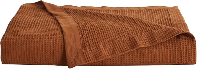 Great Bay Home 100% Cotton Blanket for Twin Size Bed | Lightweight and Breathable Waffle Weave Blankets for Summer & Spring | Versatile, Layering Orange Bed Blanket, Terracotta, 90x66 inches