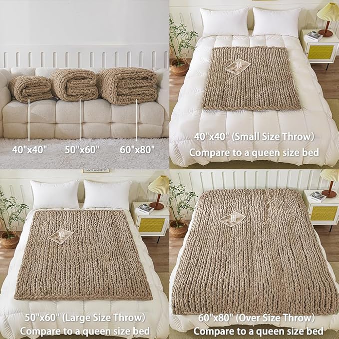 WESHIONGOO Chunky Knit Blanket Throw 50"×60" Knitted Throw Blankets for Couch Bed Fluffy Soft Blanket with Jumbo Chenille Yarn Thick 100% Handmade (Brown)