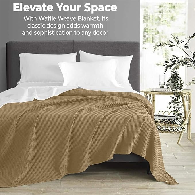 100% Cotton Blankets Throw Size for Bed - Waffle Weave Blankets for Summer, Lightweight and Breathable Soft Woven Blanket for Spring (Beige, Throw (50" x 60")