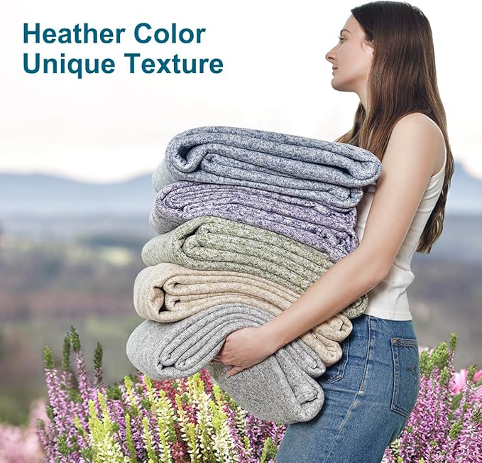 KAWAHOME Summer Sweatshirt Blanket Twin Size for Bed-Lightweight Breathable Blankets,Soft Thin Knit Jersey Blanket for Hot Sleepers,66 X 90 Inches, Heather Blue