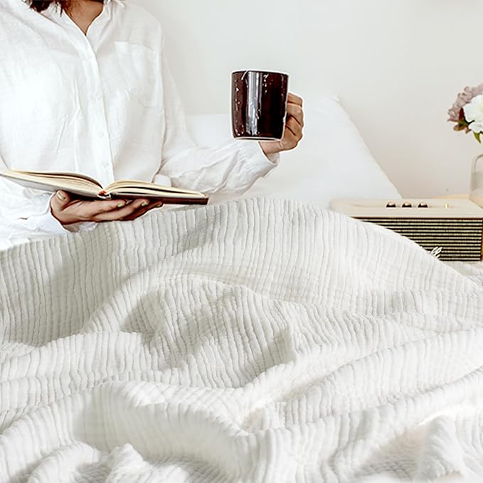 Carriediosa 100% Cotton Muslin Throw Blanket 108" X 90" King Size,4-Layers Summer Gauze Throws for Bed Couch,Soft Lightweight Breathable Linen Blankets Bedspread for Adults All Season,White