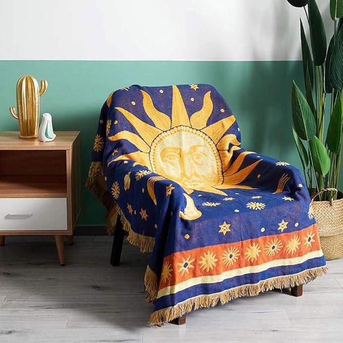 Erke Moon and Sun Throw Blanket Celestial Chair Recliner Cover Bed Spread Hippie Room Decor, Double Sided Cotton Woven Sofa Couch Furniture Aesthetic Witchy Throws - 50" X 70", Yellow/Blue