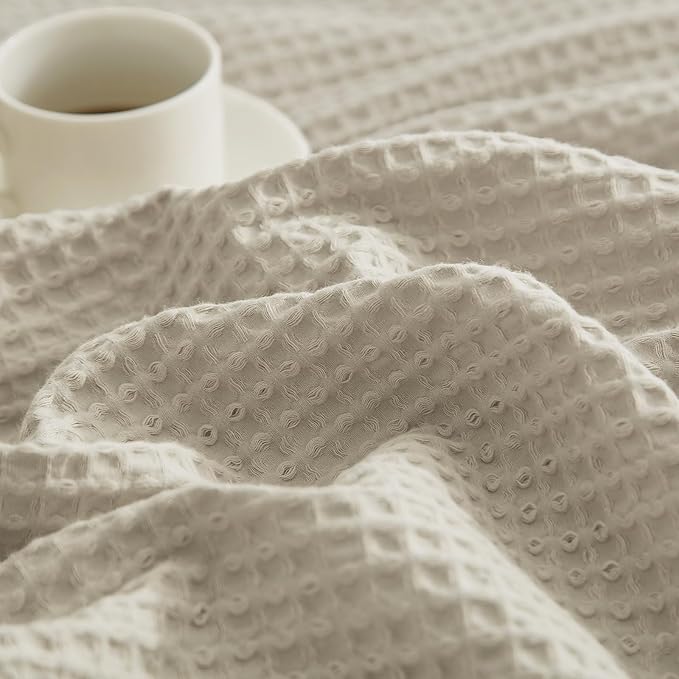 PHF Pre-Washed Cotton Waffle Weave Blanket Throw Size for Couch Bed,Snag Proof Spring Summer Lightweight Breathable,Oeko-TEX Certified,Machine Washable, Home Decor Gift-Linen/Stone