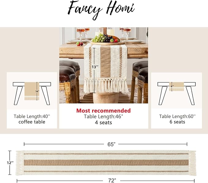 Fancy Homi Boho Table Runner 72 Inches Long Neutral Macrame Table Runner for Home Decor, Tan Farmhouse Table Runners with Tassels for Party Bohemian Rustic Bridal Shower Dining Decor 12x72 Inches