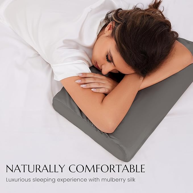 THXSILK 19 Momme 100% Mulberry Silk Pillowcase for Contour Memory Foam Pillow, Contour Pillow Case Cover, Cervical Pillow Case, Pack of 1(Charcoal, 21"x14.5"x4.9"/4.2")