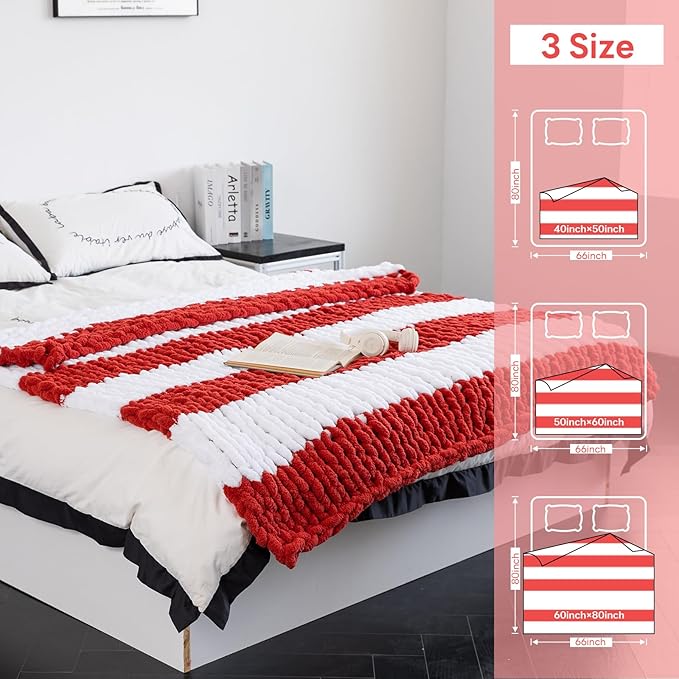 Chunky Knit Blanket - Luxury Soft Cozy Queen Size(50 * 60) Throw Blanket,100% Woven Blanket Rope Knot Throw Blanket for Couch, Sofa, Home Decor, Gift - Machine Washable(White/Wine red)