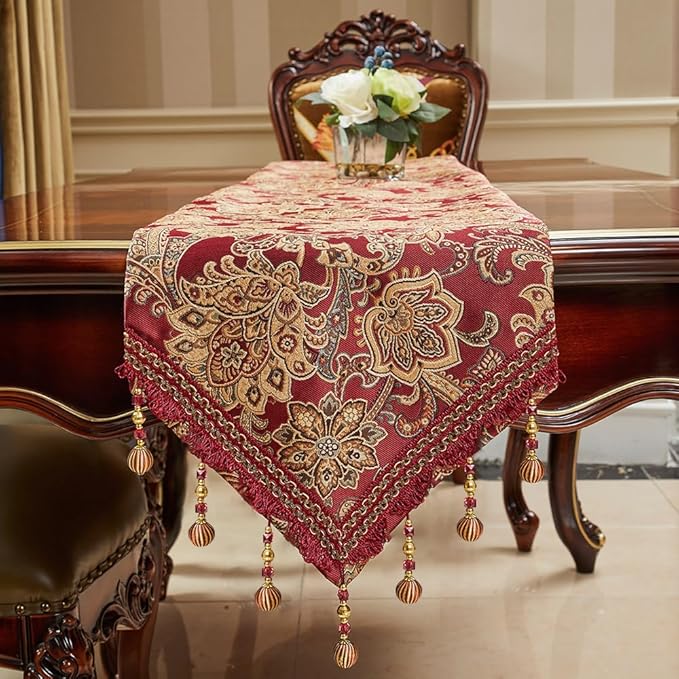 Luxury Vintage Table Runner 120 inches Long Embroidery Jacquard Fabric with Multi-Tassels Table Runners for Dining Room Dresser Wedding Christmas Thanksgiving Party Decorations (Red, 12X120inch)