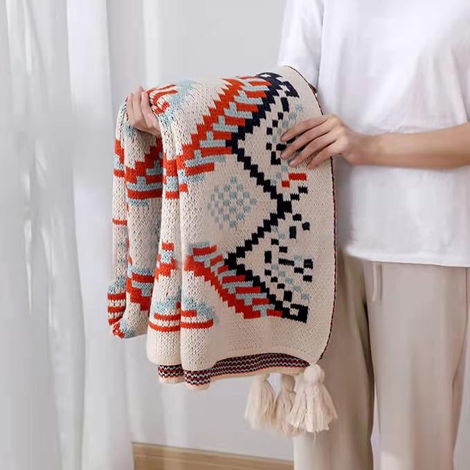 Blue Throw Blanket, Knitted Boho Throw Blankets with Tassels, Soft Colorful Throw Blanket for Sofa Couch Bed and Living Room, Blue&Orange (50x60 Inch)