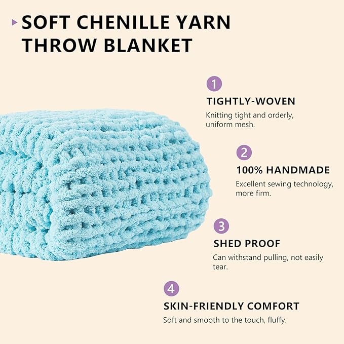 L'AGRATY Chunky Knit Throw: 80''x90'' Chenille Blanket for Bed Couch - Handmade Thick Big Cable Knit - Large Crochet Throw for Home Decor (Light Blue)