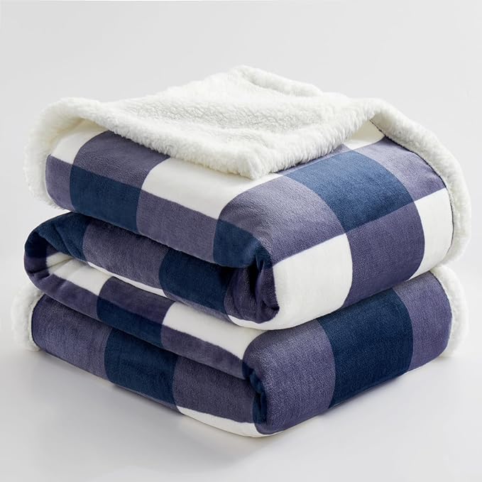 PU MEI Sherpa Blanket Fleece Throw Blanket Full Queen Plaid Thick Bed Blanket, Soft Warm Cozy Blue Checkered Throw Blanket 80"*90"