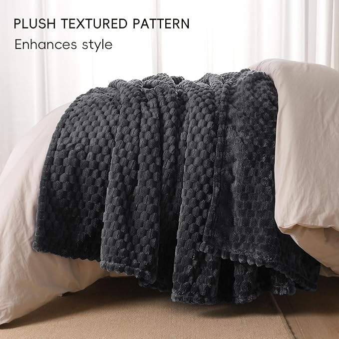 PHF Ultra Soft Flannel Fleece Blanket King Size, Lightweight 3D Jacquard Fleece Blanket, No Shedding, No Pilling, Luxury 340GSM Aesthetic Fluffy Cozy for Bed Room Decor, 108"x90", Dark Grey