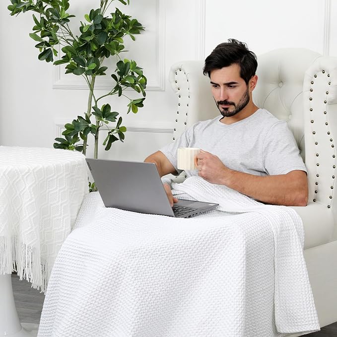 PHF Pre-Washed Cotton Waffle Weave Blanket Throw Size for Couch Bed,Snag Proof Spring Summer Lightweight Breathable,Oeko-TEX Certified,Machine Washable, Home Decor Gift-White