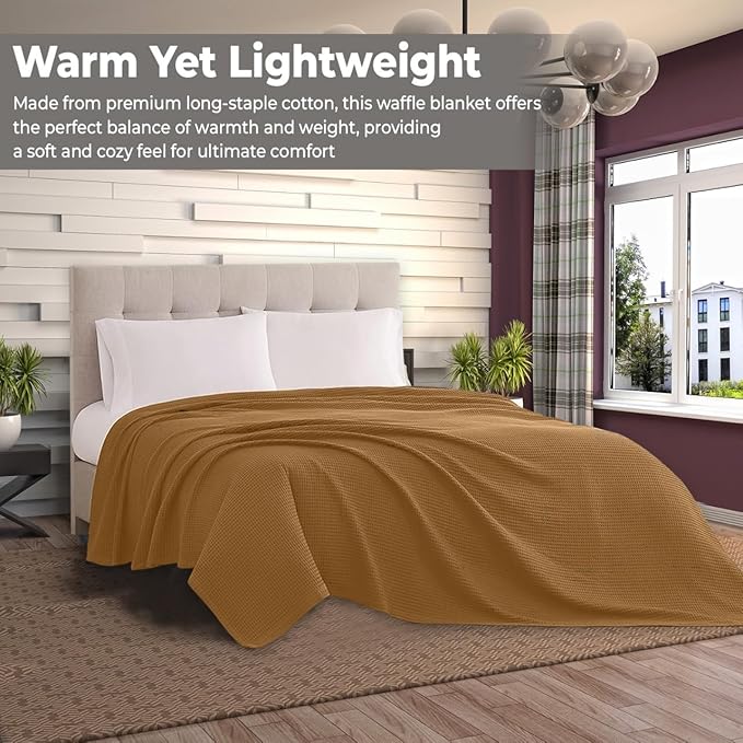 100% Cotton Blankets Queen Size for Bed - Waffle Weave Blankets for Summer, Lightweight and Breathable Soft Woven Blanket for Spring, White, 90x90 Inches (Orange, Queen (90" x 90"))