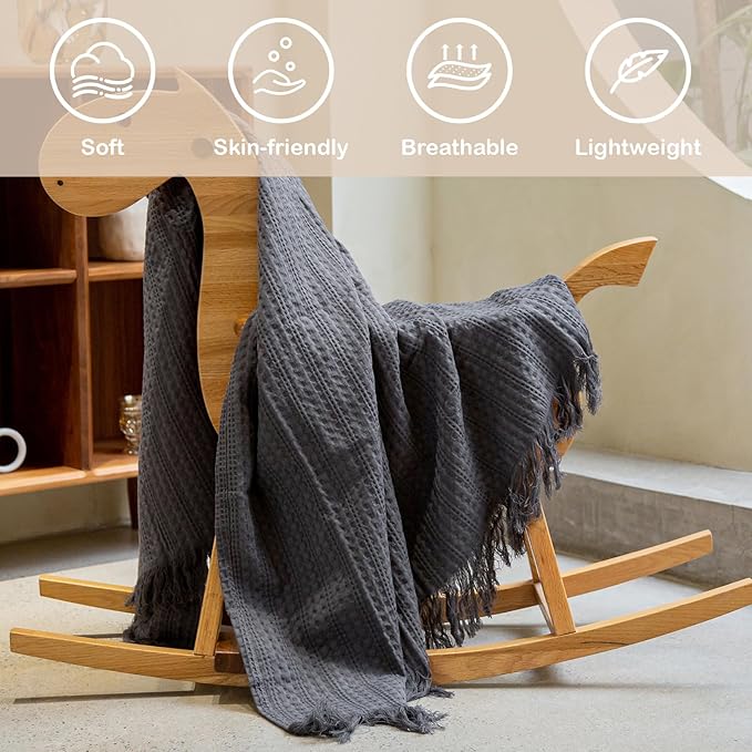 100% Cotton Waffle Blanket with Fringe, Pre-Washed Waffle Weave Blanket for All Season, Lightweight Breathable Soft Cozy Throw Blanket for Couch, Bed, Travel (Grey - 60x80 Inches)