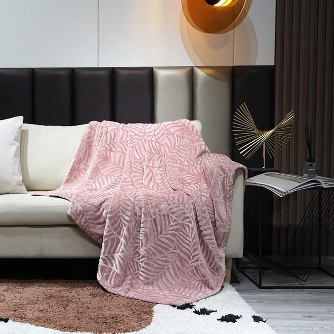 SOCHOW Super Soft Flannel Fleece Throw Blanket for Women, Lightweight Cozy Warm Leaves Textured Plush Blanket for Bed Couch Sofa, 50 x 60 Inches, Dusty Rose