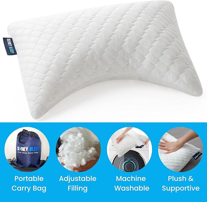 Sidney Sleep Mini Travel Size Neck Pillow - Knee, Back Lumbar and Support - Small Curved Pillow - 14 x 19 Inches - Adjustable Loft - Washable - Drawstring Backpack Included