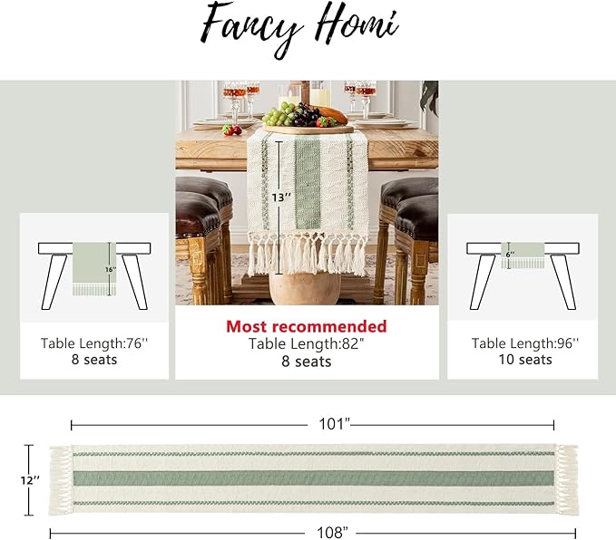Fancy Homi Sage Green Table Runner 108 Inches Long Boho Macrame Table Runner for Home Decor, Farmhouse Table Runners with Tassels for Party Bohemian Rustic Bridal Shower Dining Decor 12x108 Inches