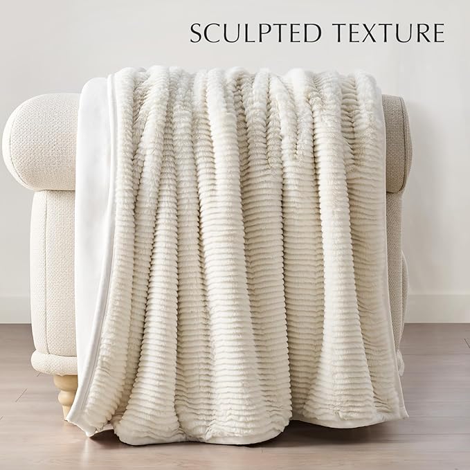 Ultra Soft Faux Fur Throw Blanket for Couch, Luxury Sculpted Texture Faux Rabbit Fur Blanket for Bed, Fluffy Thick Plush Warm Fuzzy Throw, 920GSM (Ivory White, 50''x60'')