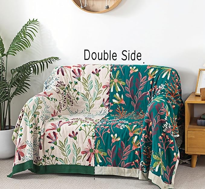 Green Grass Boho Throw Blanket for Bed, Lightweight Muslin Cotton Quilt Blanket for Thanksgiving Gift, Travel Blanket, Reversible Picnic Blanket 60" x80'' for Couch, Chair