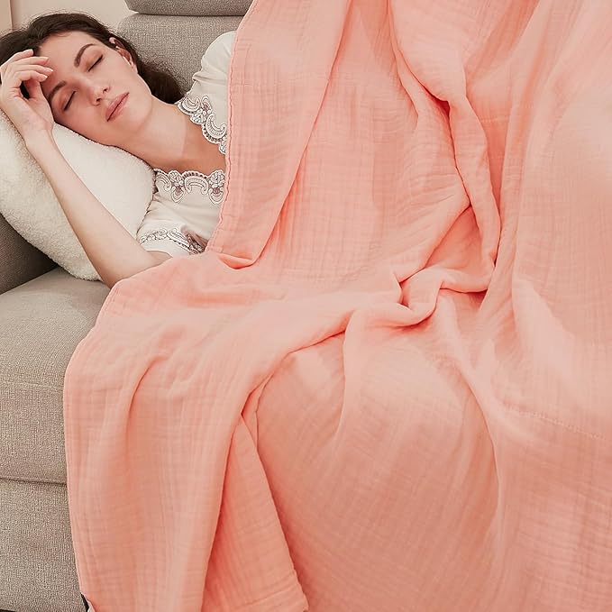 EMME Cotton Muslin Blanket Throw Blankets for Couch Bed Breathable Gauze Blanket All Season Soft and Lightweight Pre-Washed Cotton Blanket (Pink, 50"x70")