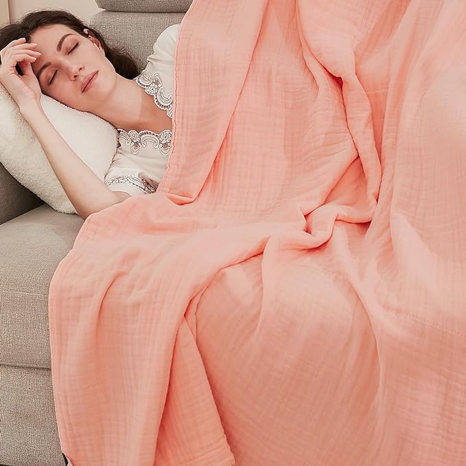 EMME Muslin Cotton Throw Blankets for Couch Breathable Gauze Blanket All Season Soft and Lightweight Pre-Washed Cotton Blanket (Pink, 60"x80")
