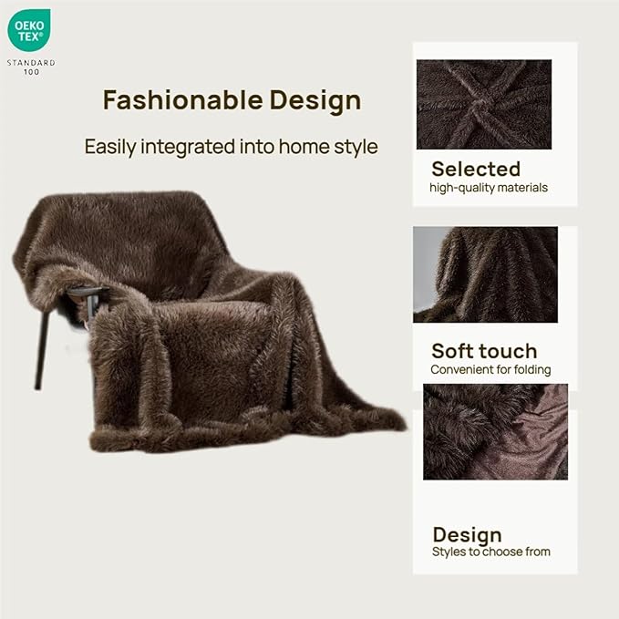 Luxury Fluffy Faux Fur Throw Blanket,Thick Fluffy Fuzzy Cozy Blanket,Plush Blankets for Couch, Sofa, Chair, Bed-Brown,60x80
