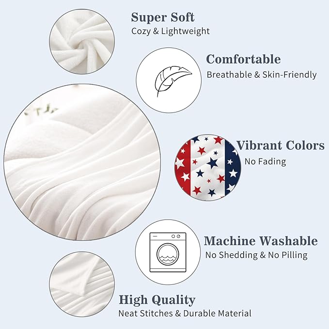 Neatee Living Patriotic Throw Blanket King Size 4th of July Memorial Day Fourth of July American Freedom Veteran Blanket Bed Red White Blue Stars Soft Fleece Blanket Home Decorations 90x108