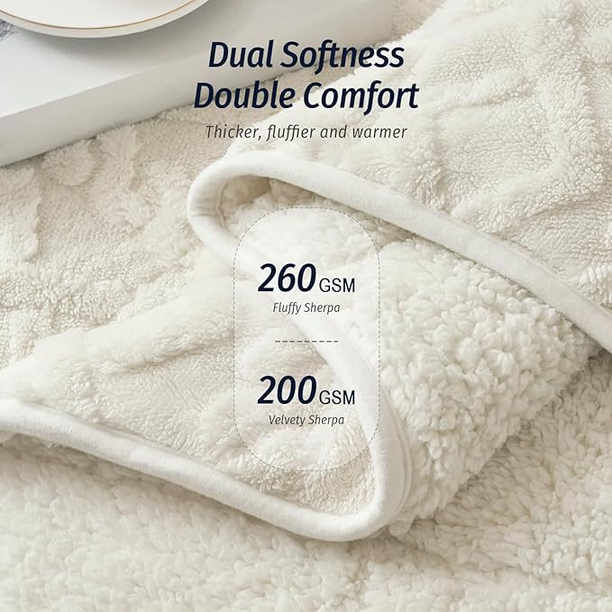 Wemore Weighted Blanket for Adults Twin Size 20 lbs, Dual Sided Soft Fuzzy Jacquard Sherpa Weighted Blankets Throw, Cozy Fluffy Knitted Heavy Blanket for Bed and Couch, Cream White, 60 x 80 inches