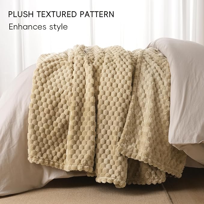 PHF Ultra Soft Flannel Fleece Blanket Twin Size, Lightweight 3D Jacquard Fleece Blanket, No Shedding, No Pilling, Luxury 340GSM Fluffy Cozy Bedding for Bed Room Decor, 66"x90", Camel/Light Khaki