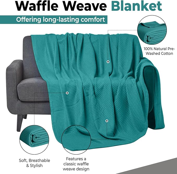 100% Cotton Blankets for Throw Size Bed - Waffle Weave Blankets for Summer, Lightweight and Breathable Soft Woven Blanket for Spring (Teal, Throw (50" x 60")