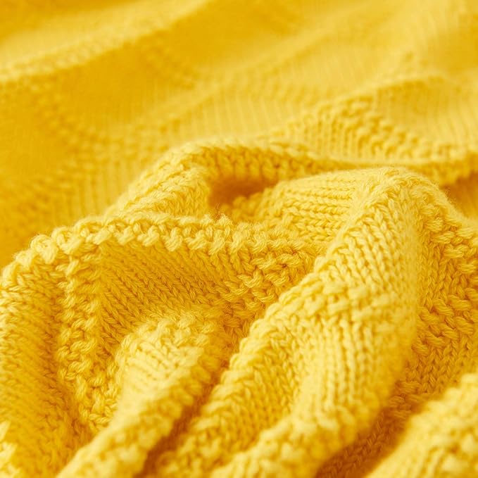 Cotton Lemon Yellow Knit Throw Blanket for Couch Sofa Beach Chair Bed Home Decorative Soft Warm Cozy Cable Lightweight Knitted Blankets,2.2 pounds 50 x 60 Inch with Bonus Laundering Bag