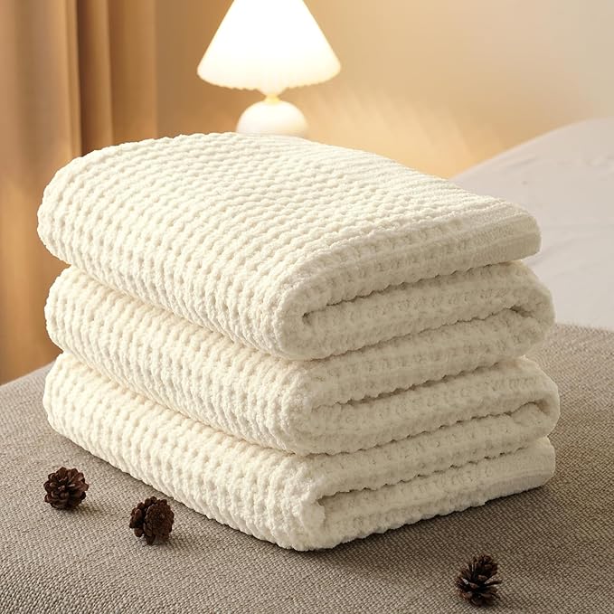 PHF Chenille Waffle Knit Throw Blanket- Plush Warm & Cozy 50" x 60" Ultra Soft Blanket- Chunky Fluffy Waffle Throws for Couch Bed Sofa - Cream