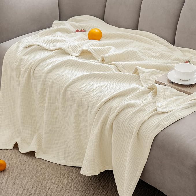 PHF 100% Cotton Muslin Throw Blanket 50" x 60", 4-Layer Lightweight and Breathable Blanket for Summer, Luxuriously Soft Gauze Throws for Couch, Natural Minimalism Style, Ideal Gift, Birch