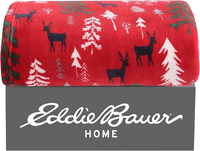Eddie Bauer - Blanket, Super Soft Reversible Sherpa & Brushed Fleece Bedding, Throw Blankets for Couch, Ideal for Lounging (Deer Woods Red)