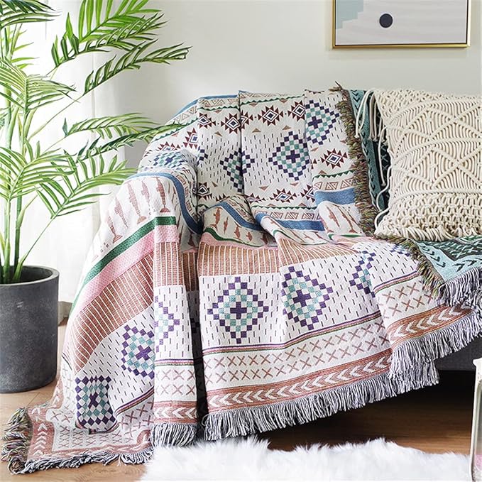 Luxlovery Aztec Sofa Throw Blankets Blue Ethnic Woven Boho Beige and Purple Color Bohemian Woven Throw Blanket for Couch Aztec Bed Throws Oversized Chair Sofa Cover with Tassels(63"x102")