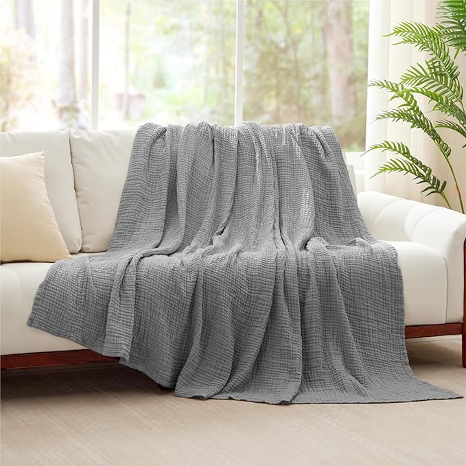 100% Cotton Muslin Blanket King 108" x 90", 6 Layers Breathable and Lightweight Cotton Throw Blanket for Bed, Soft Quilt Bedspread Coverlet, Gauze Blanket for Adults All Season, Grey