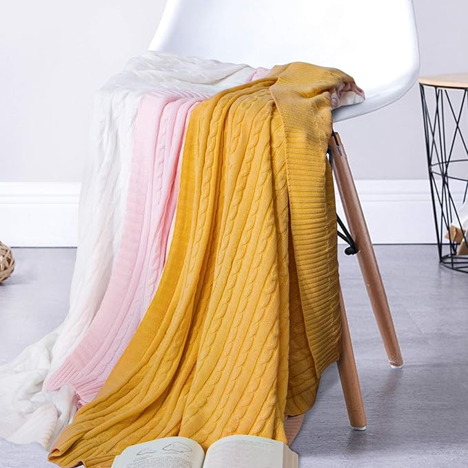 NTBAY 100% Pure Cotton Cable Knit Throw Blanket, Super Soft Warm 51x67 Knitted Throw Blanket for Couch, Sofa, Chair, Bed - Extra Cozy, Machine Washable, Comfortable Home Decor, Ginger Yellow