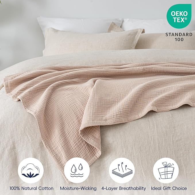 PHF 100% Cotton Muslin Throw Blanket 50" x 60", 4-Layer Lightweight and Breathable Blanket for Summer, Luxuriously Soft Gauze Throws for Couch, Natural Minimalism Style, Ideal Gift, Light Pink