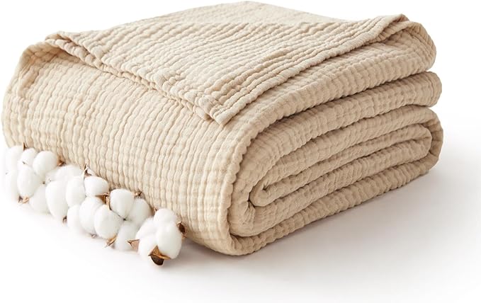 100% Cotton Muslin Blanket Queen 90" x 90", 6 Layers Breathable and Lightweight Cotton Throw Blanket for Bed, Soft Quilt Bedspread Coverlet, Gauze Blanket for Adults All Season, Beige Linen, Oatmeal